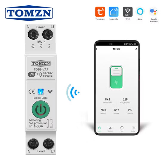 Tomzn Smart 63A WiFi Circuit Breaker with Remote Control Features