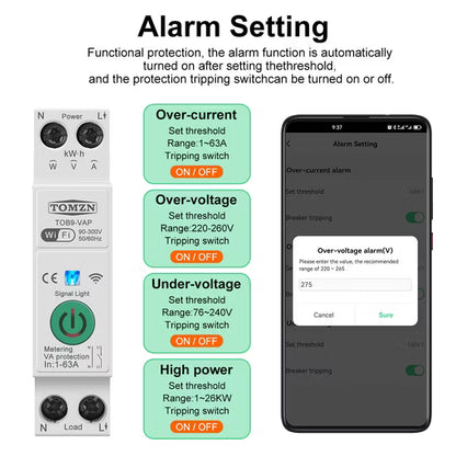 Tomzn Smart 63A WiFi Circuit Breaker with Remote Control Features